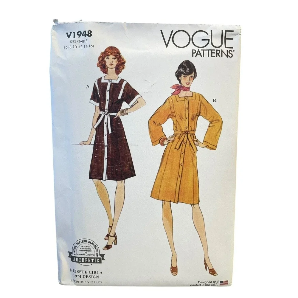 Vogue Patterns V1948 Misses' Dress Sizes 8-16 Vintage 1974 Style